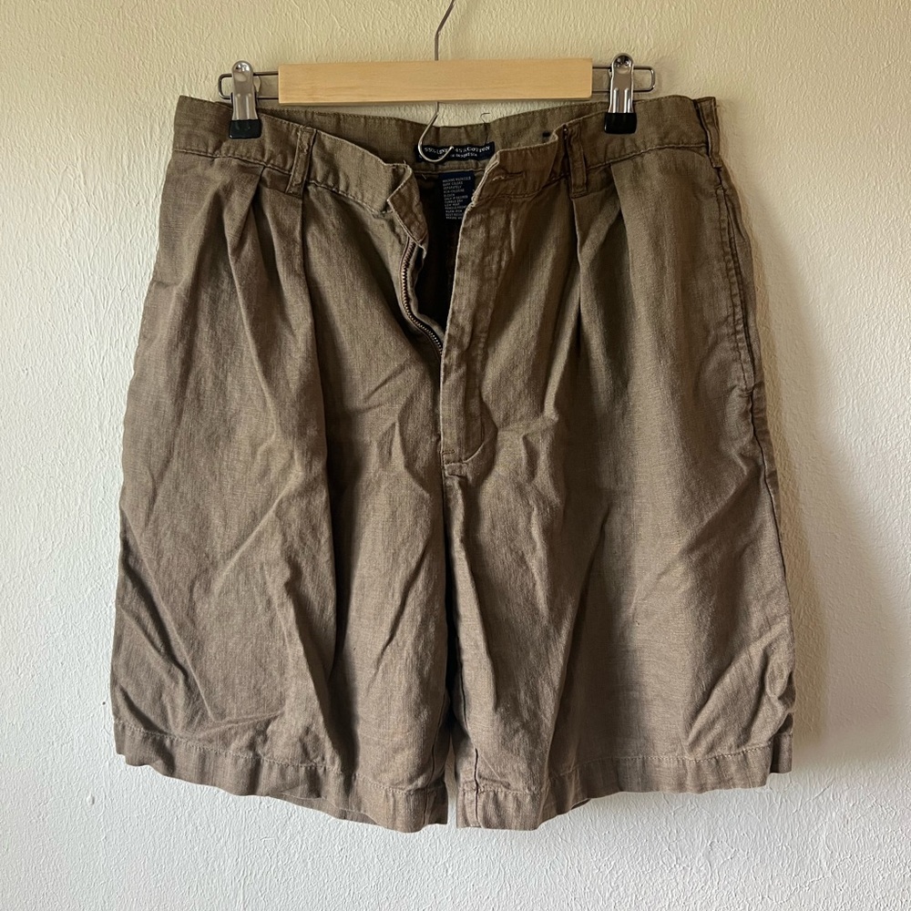Men's Khaki Pleated Linen Cotton blend Shorts